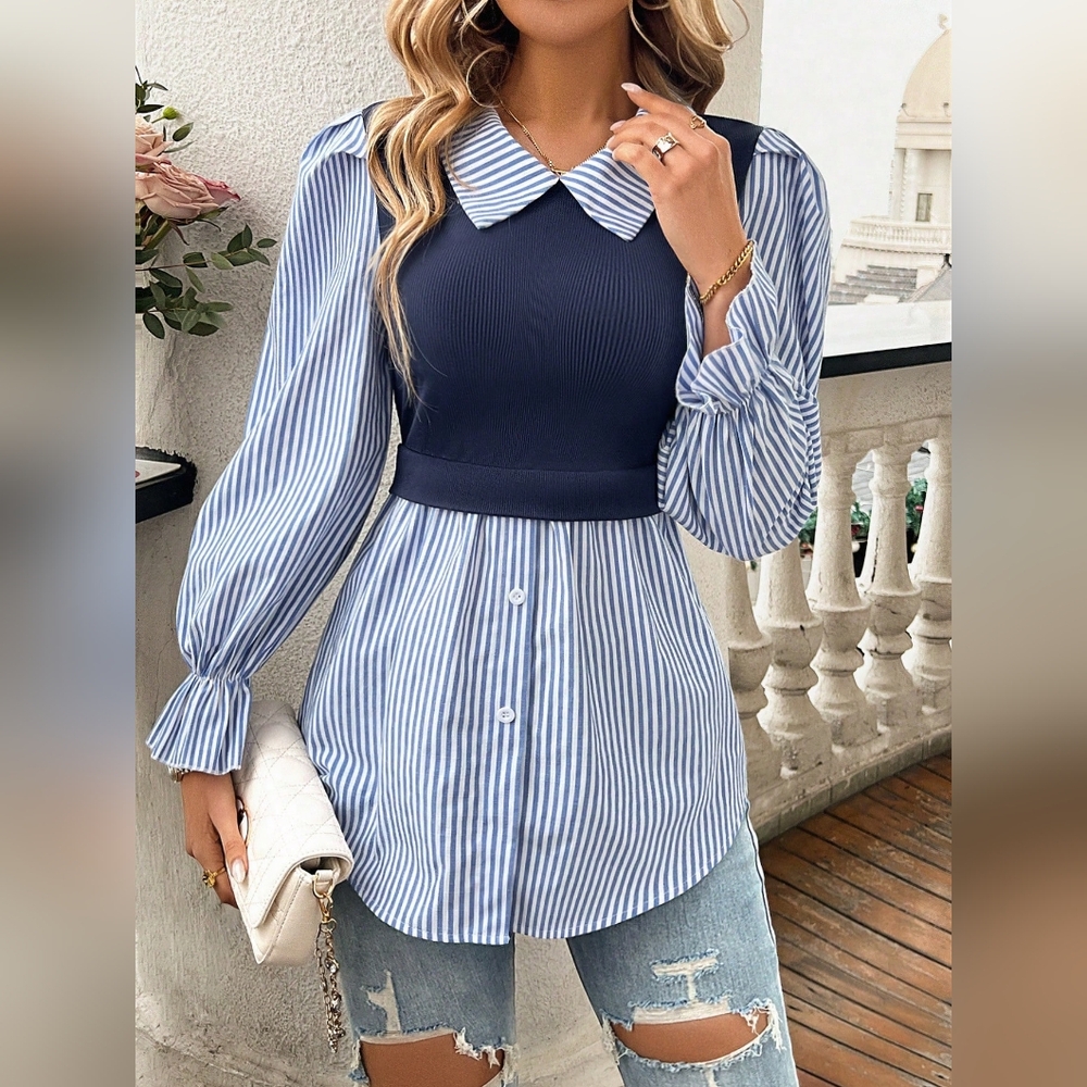 Navy & Blue Striped Layered Button-Down Blouse